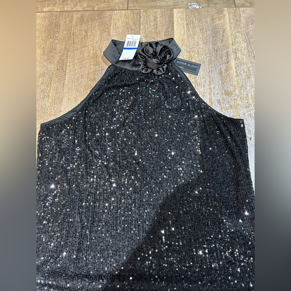 No sleeve black glitter top with flower bow new never worn